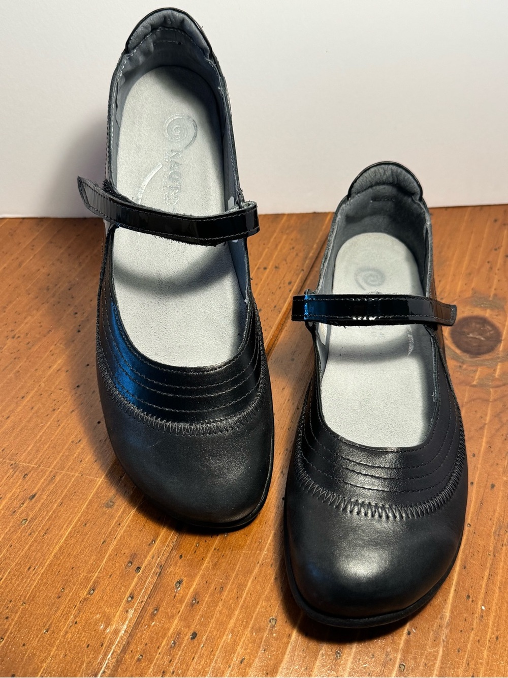 NAOT Kirei Mary Jane Black Leather Hook And Loop Flats - Women's Size 40